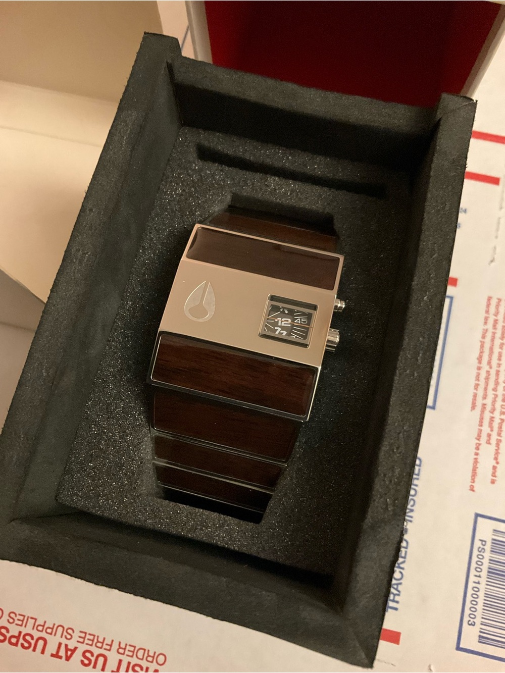 Nixon Silver Case Watch with Brown Wood-Accent Bracelet